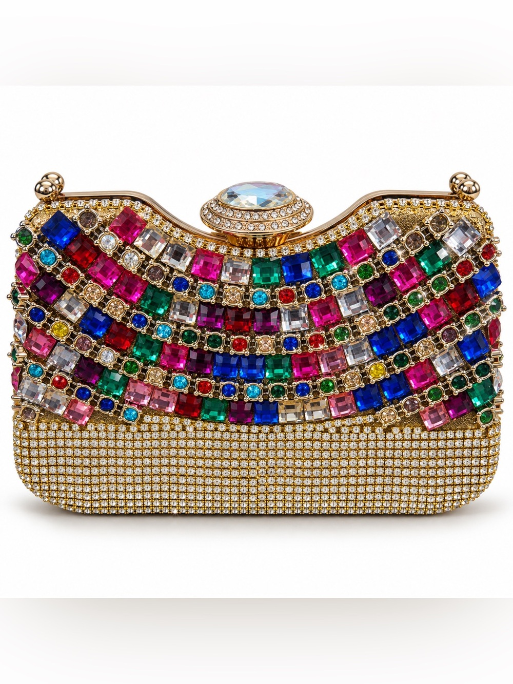 Jeweled Rhinestone Evening Clutch Multicolor Crystal Bag Removable Handle &Chain